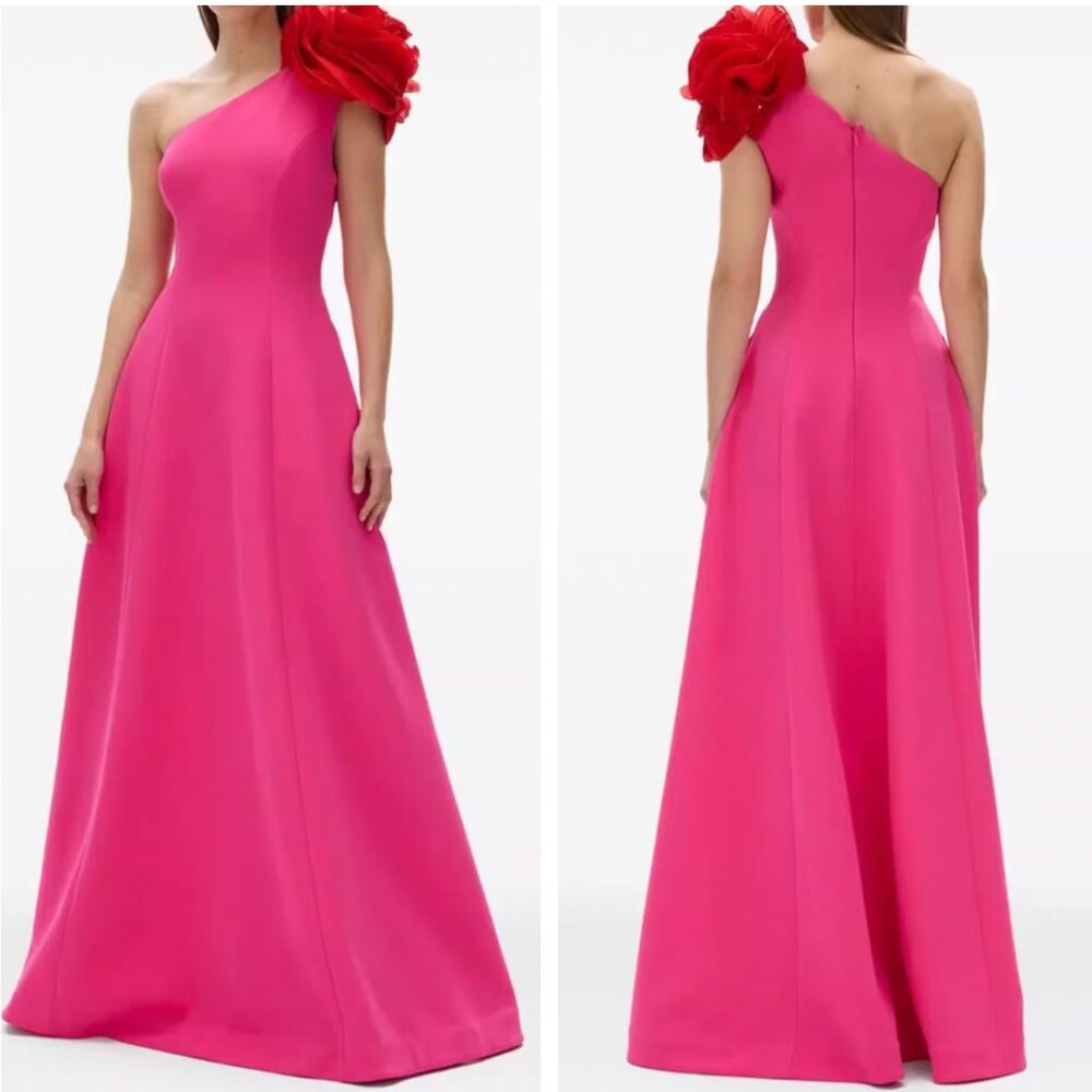 Rachel Gilbert Vya Maxi Dress Gown US8/10/12 Pink One Shoulder Floral Appliqué - Picture 2 of 4